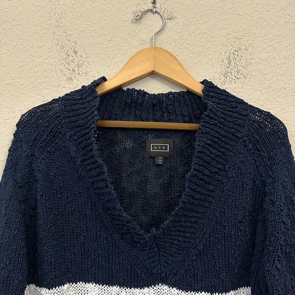 AYR Sweater Navy Blue Pullover V-Neck Open Knit Cotton Relaxed Preppy - Picture 4 of 7